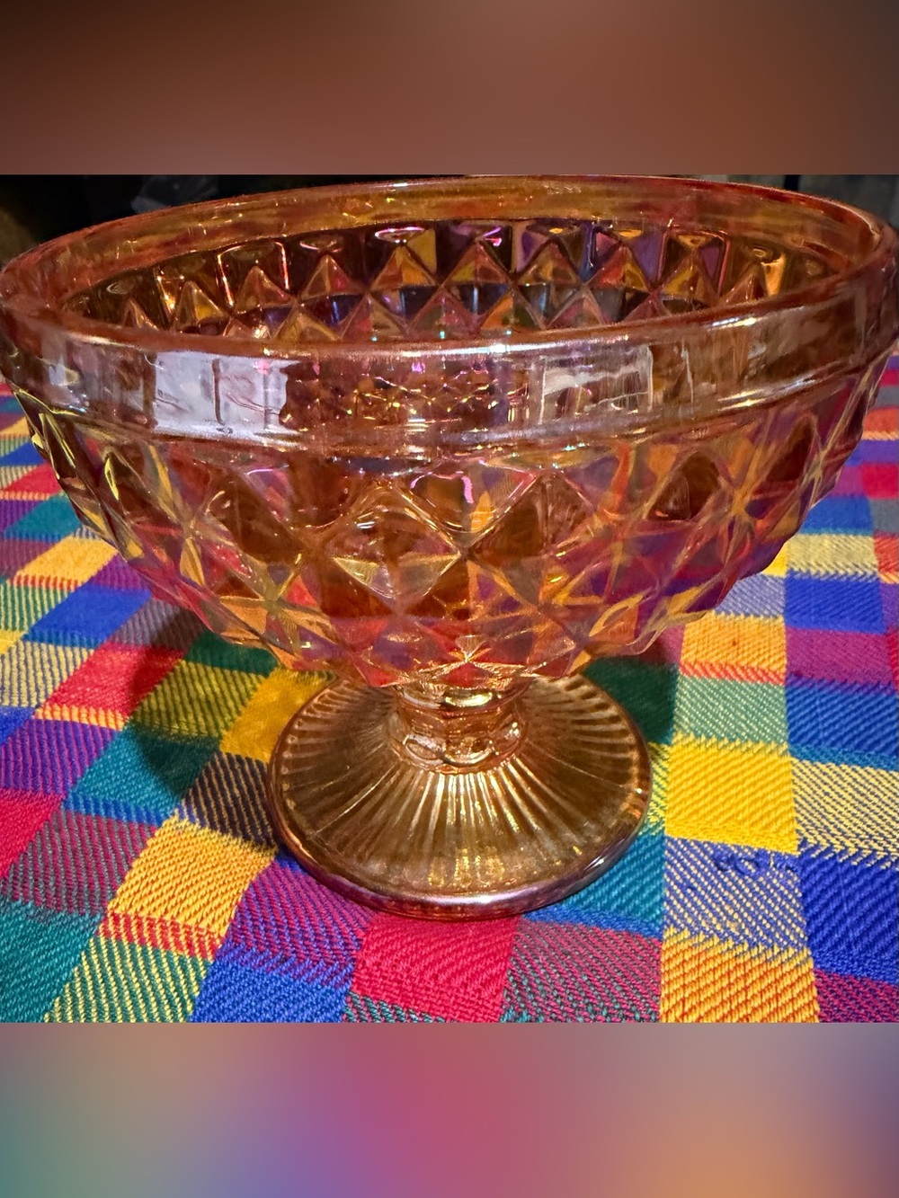 Vintage Amber Carnival Pressed Glass Pedestal Candy Dish Geometric